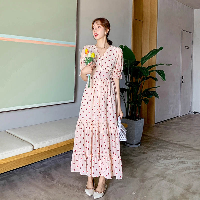 

COIGARSAM Full Sleeve Women Long dress New Polka Dot Chiffon V-Neck Dressesige 9268