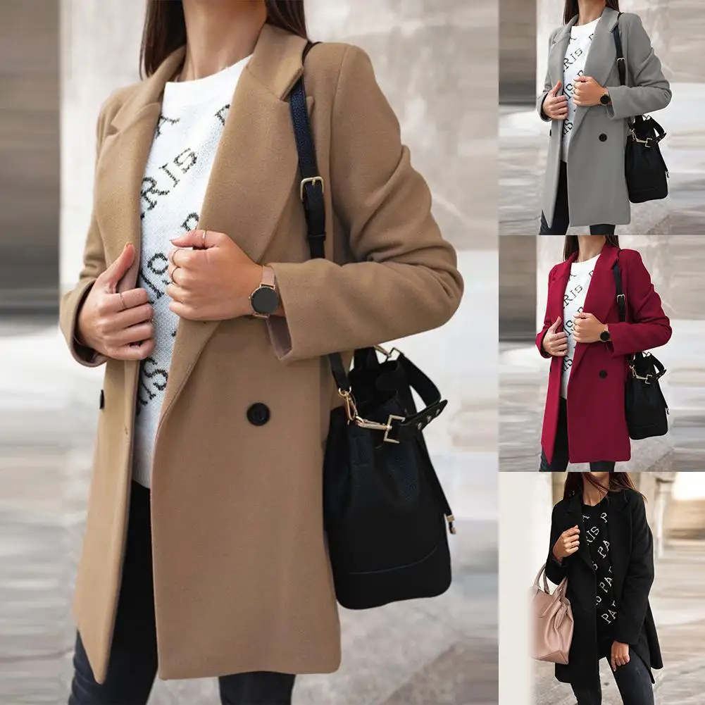 

Hot Sales !!!Women Autumn Winter Fashion Wide Lapel Double -Line Buttons Warm Coat Outwear Fashion Warm Keeping Coat Solid Color