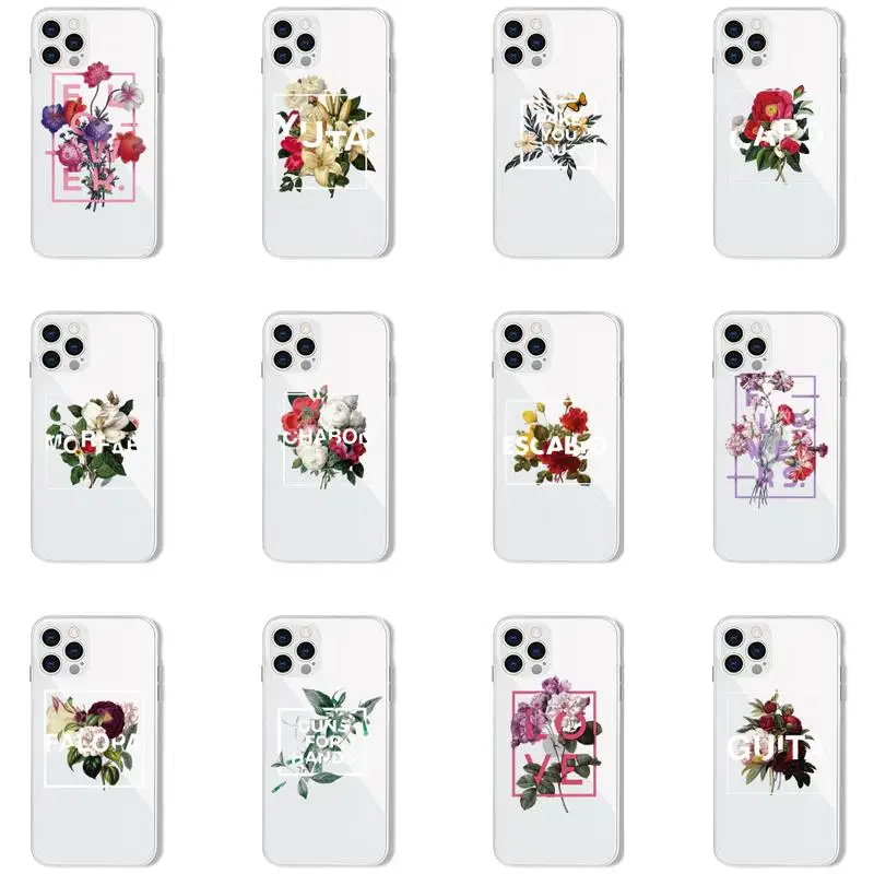 

Flower text art Phone Case For iPhone 13 12 11 8 7 Pro Max Plus X XS XR MINI transparent clear New