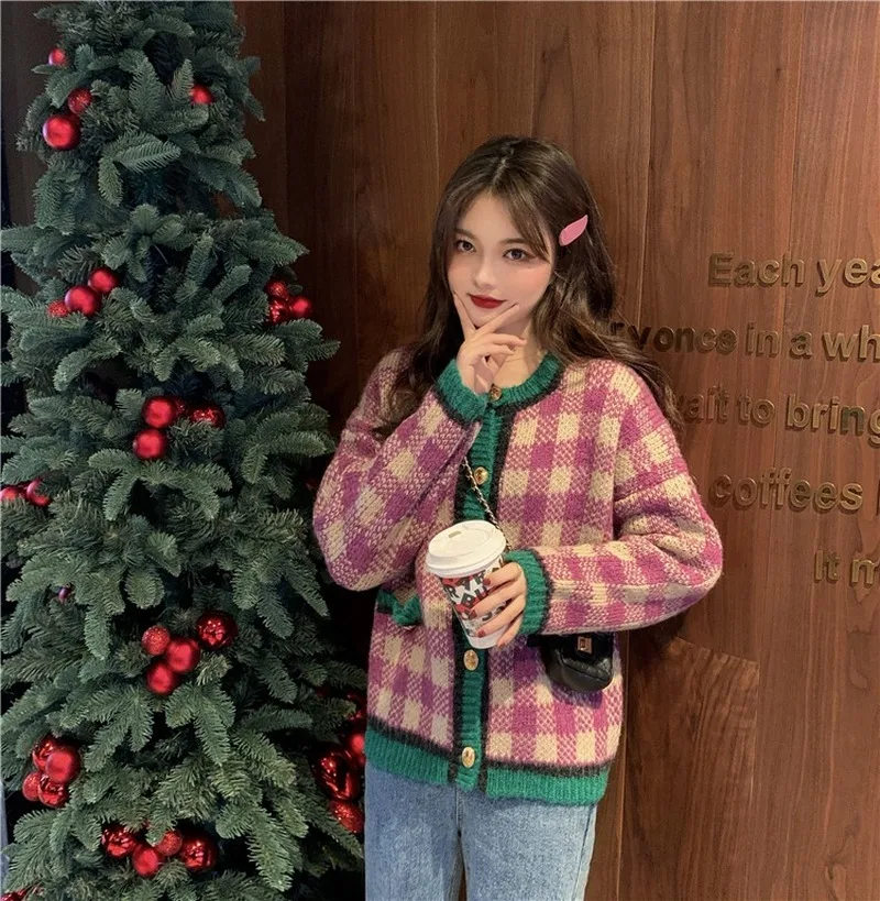 Женский винтажный кардиган в клетку Gaganight розовый вязаный с длинным рукавом и