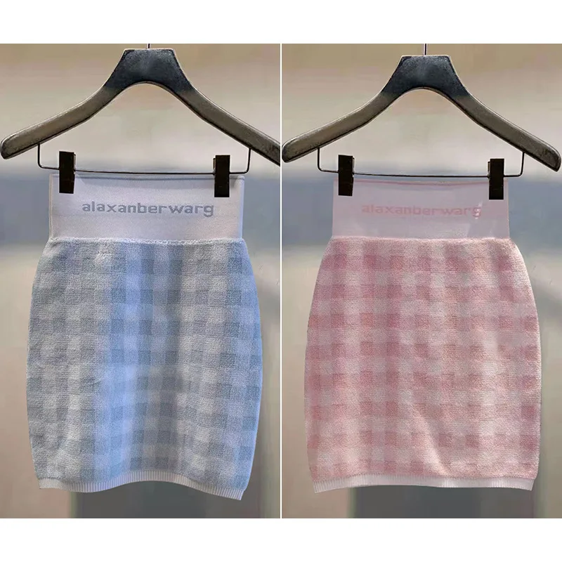 

Tide Brand A WANG King Stitching Letter Logo Plaid Skirt Elastic Webbing Bag Hip Ladies Sexy Short Skirt