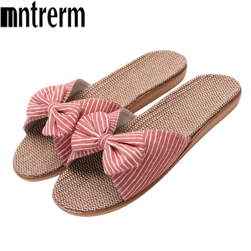Сланцы Mntrerm женские льняные удобные сандалии на платформе в полоску с бантом