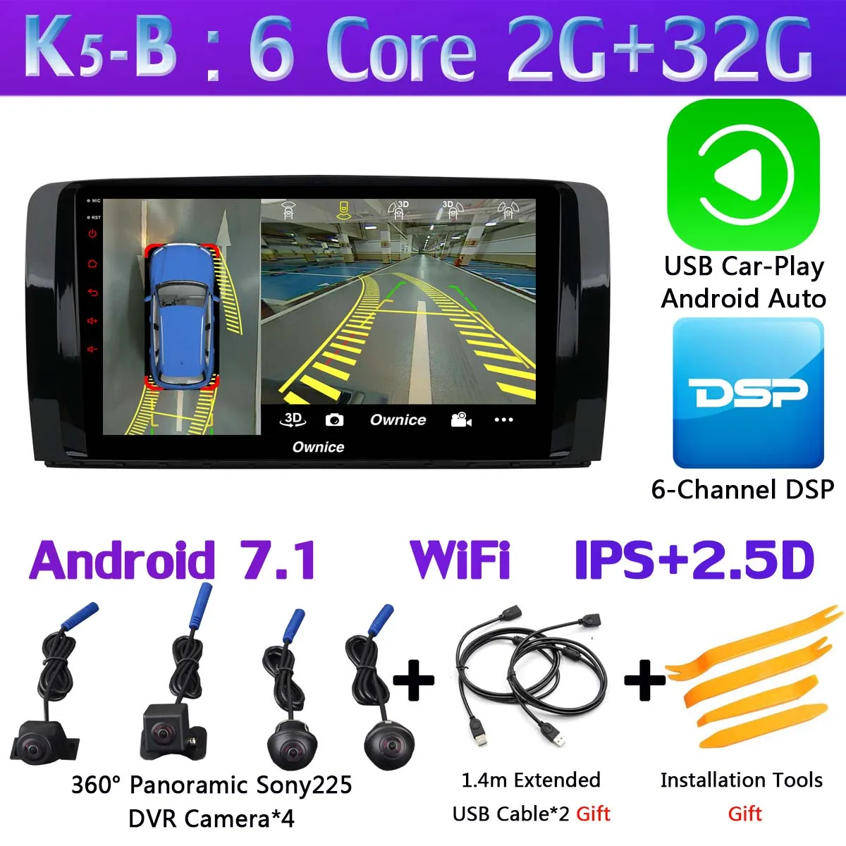 K5-B-CarPlay 1Din 360 ° камера 4G LTE WiFi Android 9,0 4G+ 64G SPDIF DSP CarPlay автомобильный мультимедийный плеер для Mercedes Benz R Class W251 gps радио - Цвет: K5-B-CarPlay
