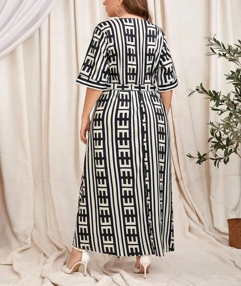 

2021 elegant ladies summer long dress plus size women's letters casual loose large swing type V-neck short-sleeved belt dress