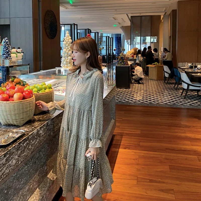 

One-Piece 2021 Korean Style Spring Summer Chic Dress French Retro Lace Dress Floral Waist Neckline Tie Chiffon Long Sleeve Dress