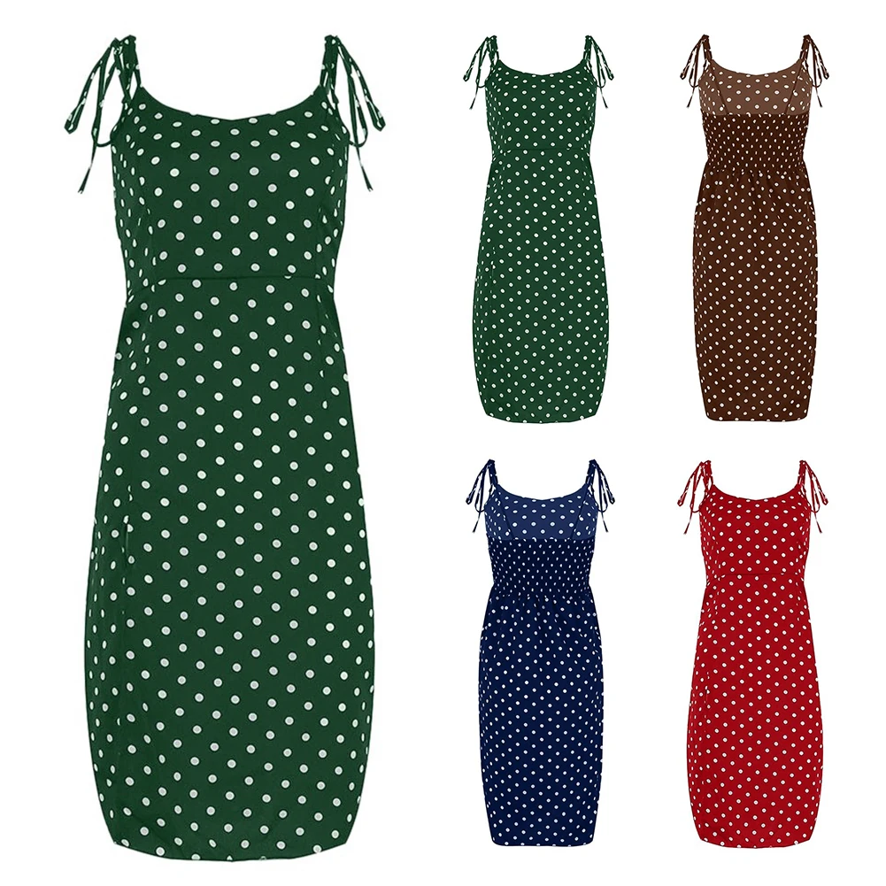 Women Sexy Spaghetti Strap Lace Up Polka Dot Split Hem Backless Summer Dress | Женская одежда