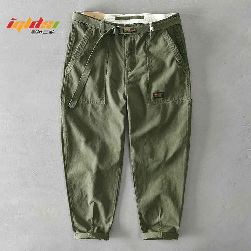 

Men's Spring Pure Cotton Solid Cargo Pants Korean Style Male Autumn Casual Loose Belt Mid Waist Slim Fit Pencil Long Trousers