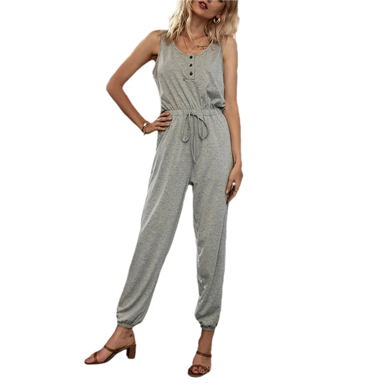 

2020 Womens Off-Shoulder Sleeveless Romper High Waist Trousers Elastic Loose Home Gray Casual Jumpsuit