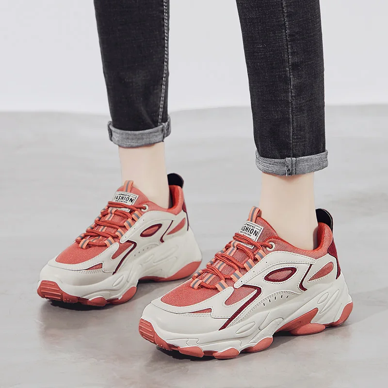 

2020 Retro Dad Shoe Women Casual Sports Sneakers Knitted Mesh Lace-up Thicked Outsole Girls Athletic Training Running Shoe 35-40