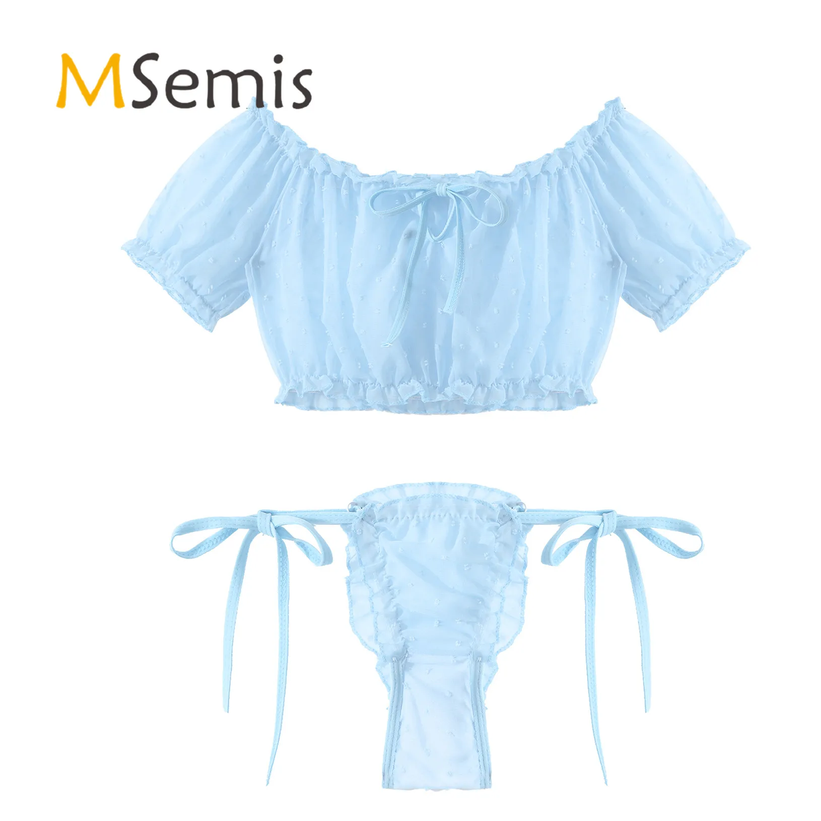 

Mens Sissy Lingerie Set Underwear Nightwear Two-piece Off Shoulder Ruffled Crop Top Low Rise Lace-up Frilly Thongs Mini Briefs