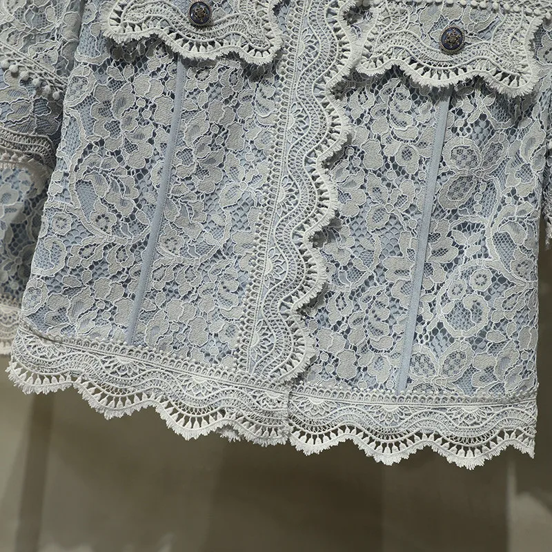 

CBAFU Lace Skirt Sets Women Floral Embroidery Short Sleeve Lace Shirts + A-Line Elastic Waist Mini Skirts Office Lady Suits F569