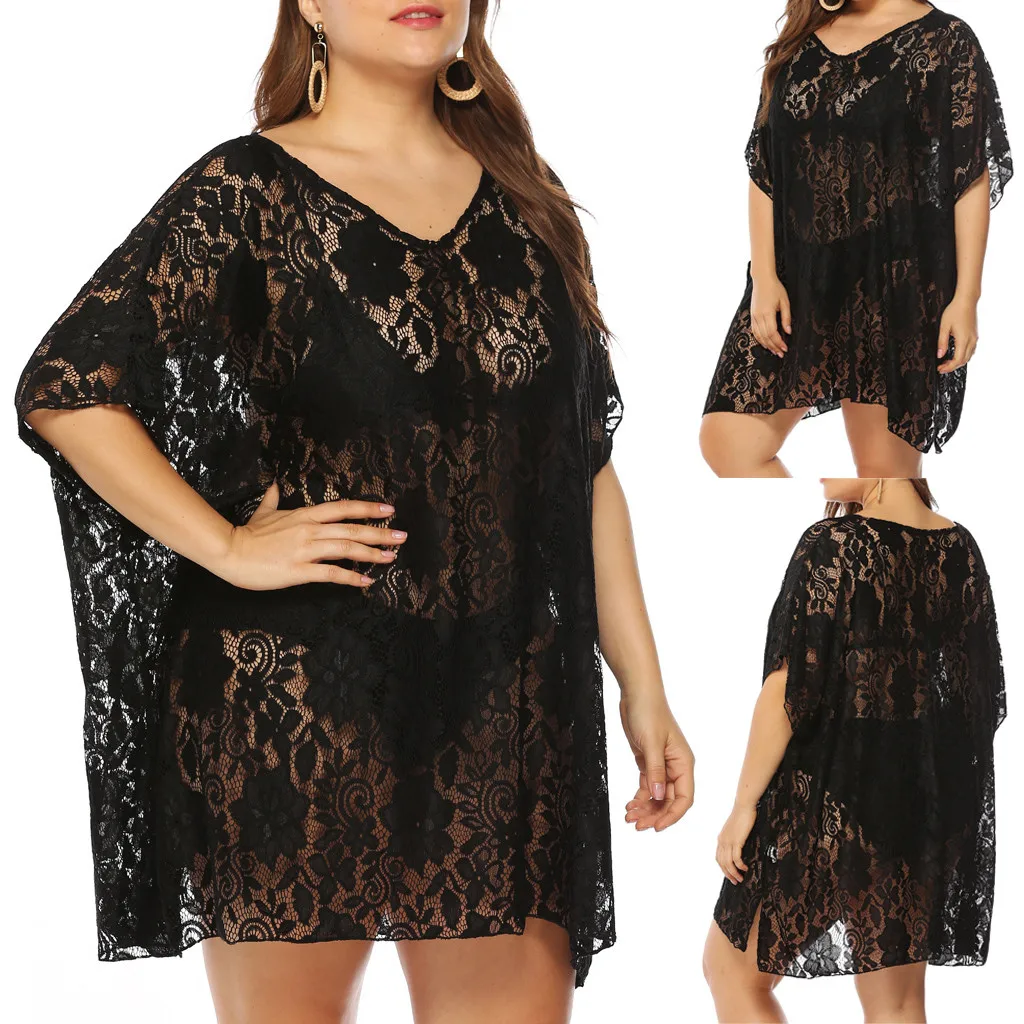 Размера плюс женский кружевной Однотонный пуловер с V образным вырезом и