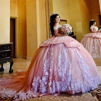 gorgeous sweet 16 pink quinceanera dresses with white applique sheer neck ball gown prom dress tulle tiered masquerade gowns