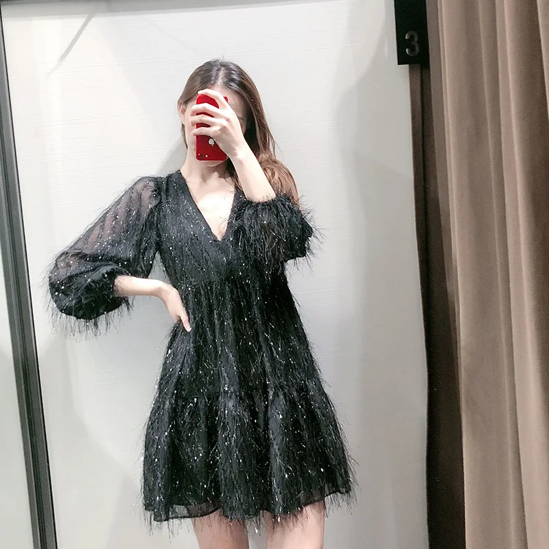 Женское мини-платье с длинным рукавом и V-образным вырезом однотонное вечернее