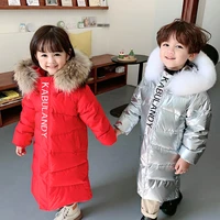 30 degrees new childrens winter clothes girls red warm down jacket boys silver hooded waterproof thick coat natural fur collar
