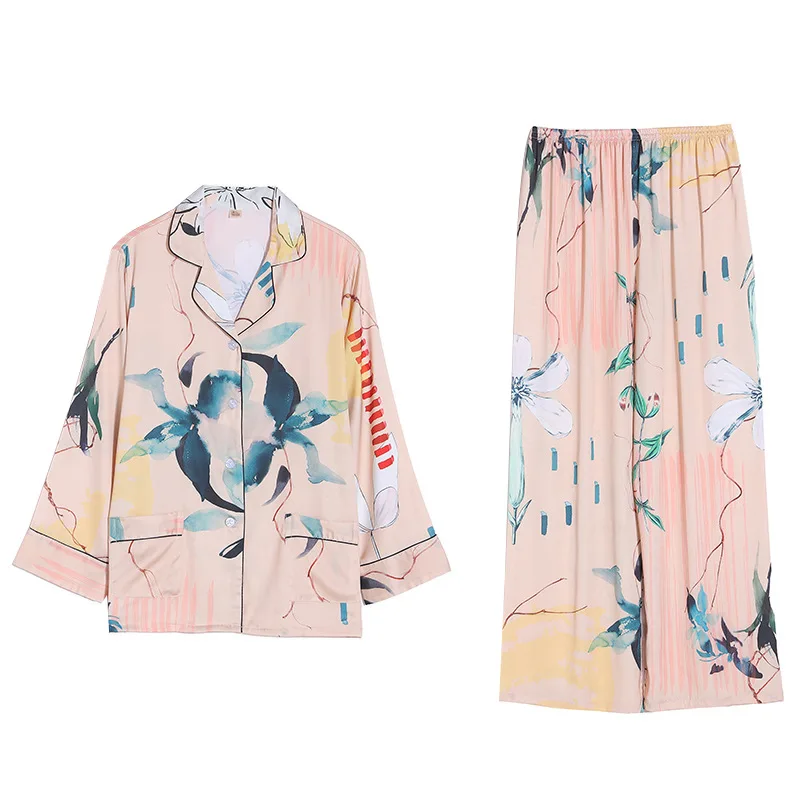 

2021 Women's Silk New Long Sleeve Pants HomeWear Set women pajamas