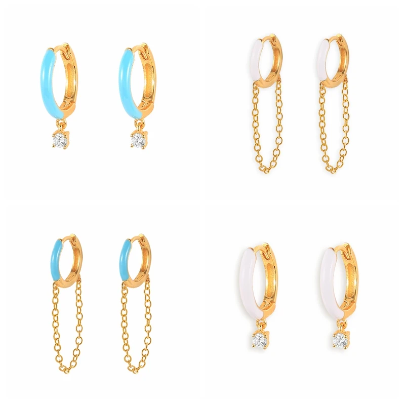 

2021 Wholesale White Enamel Zircon Silver Pendientes Hoop Earring Piercing Chian Joyero for Woman Jewelry Boucle Oreille
