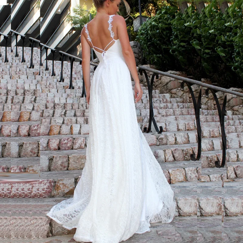 Кружевное пляжное свадебное платье на бретелях спагетти с V образным вырезом и