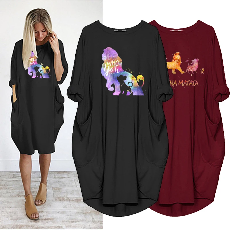 

Autumn Dresses for Women Casual The Lion King Simba Cartoon Print Long Sleeve Vintage Midi Dress Loose Beach Robes Streetwear