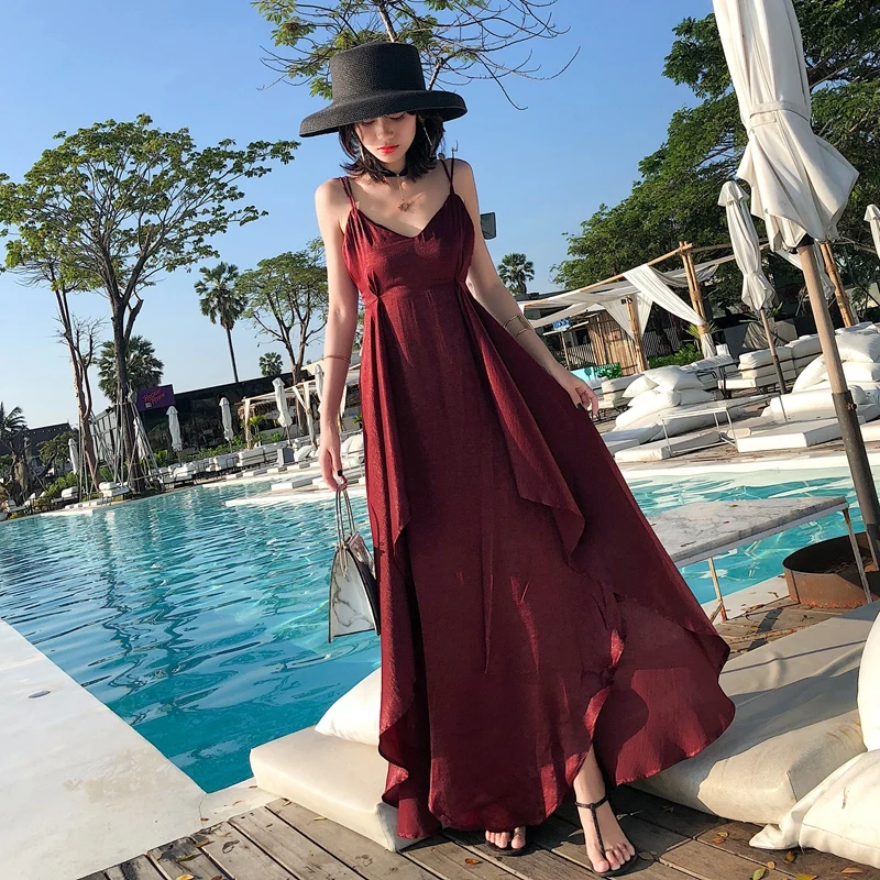 

Satin New Women Burgundy Sundress Long Elegant Lady Vacation Party Sexy Backless Casual Vintage Tropical Beach Maxi Dresses