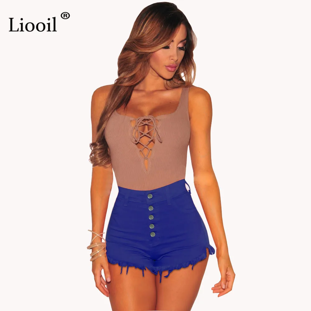 Liooil, черные, белые, красные джинсовые шорты, хлопок, высокая талия, модные пуговицы, карманы, обтягивающие Женские шорты, летние сексуальные джинсовые шорты - Цвет: Синий