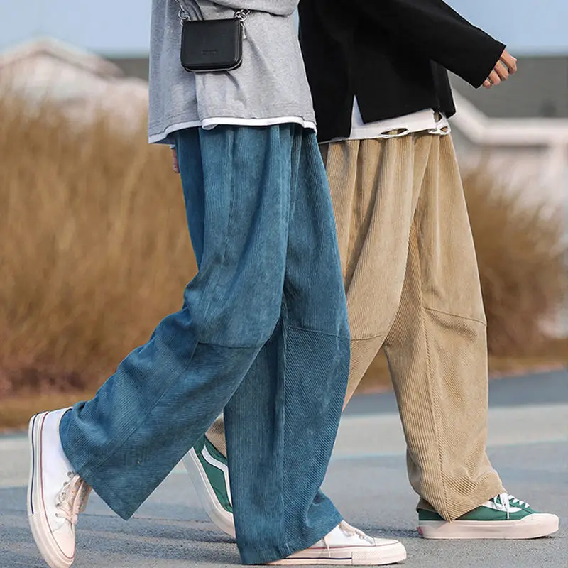 

HOUZHOU Khaki Corduroy Pants for Winter Wide Leg Pants Black Trousers Male Plus Velvet Japanese Streetwear Hip Hop Harajuku