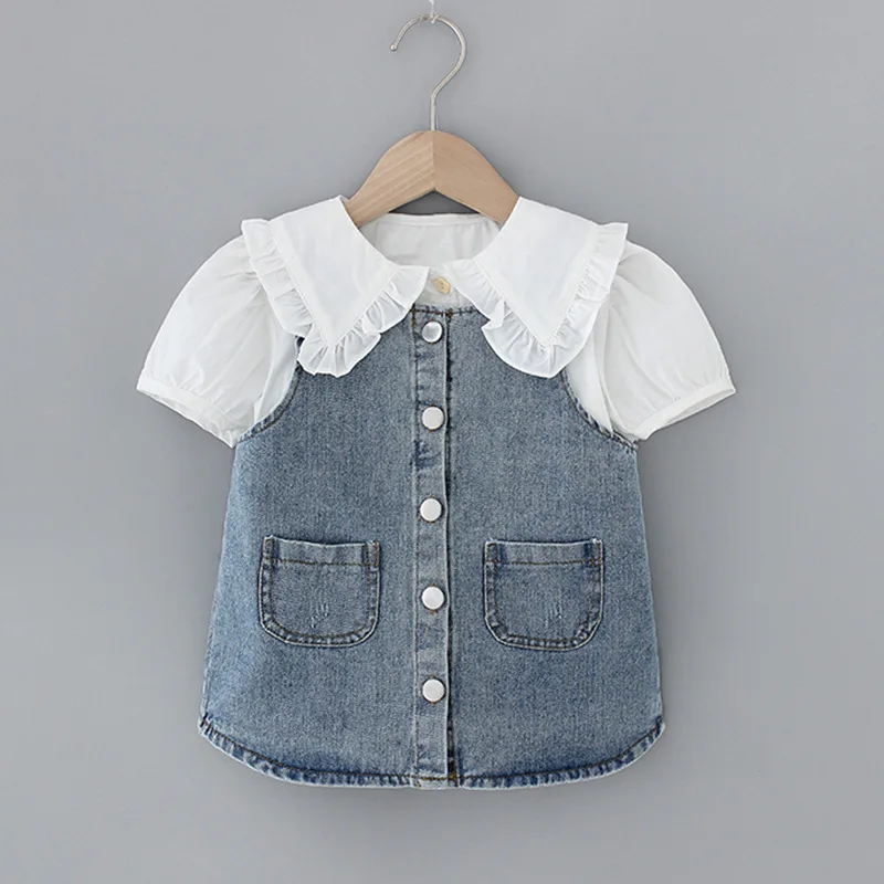 

Baby Girls Sweet Lace Shirt+Denim Dress Summer Short-Sleeved Shirts + Princess Dress 2pcs Set kids Baby Girls Cloths