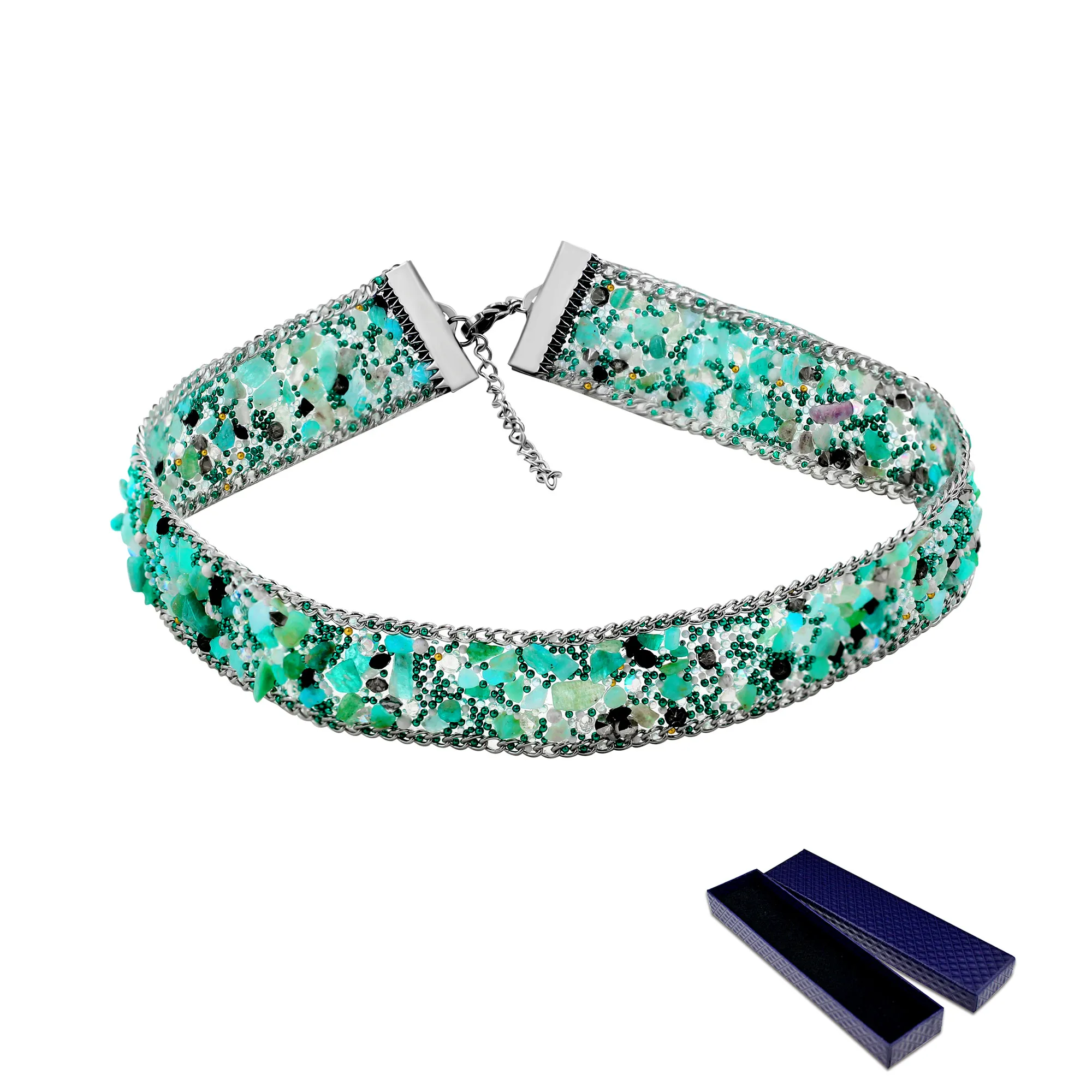 

USPS чел бирюзового цвета Стразы широкое Колье чокер, многослойное воротник, для танцев вечерние для свадьбы или выпускного бала Uloveido Y1247