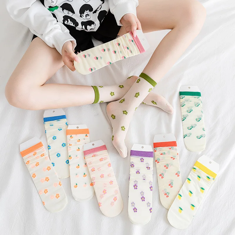 Fruit Socks for summer Ultra-thin Transparent Cass Silk Socks Ankle Short Lace Women girl Cherry Avocado Orange Strawberry