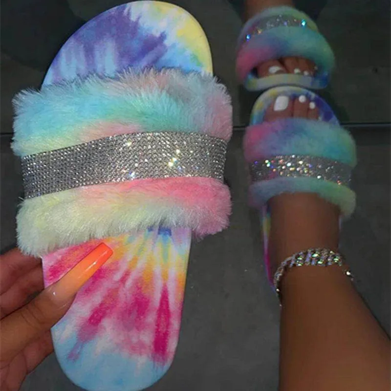 

Colorful Rhinestone Women's Slides Ladies Sexy Casual Flock Slippers Female Home Indoor Suede Warm Fur Sandals Shoes