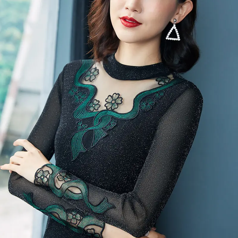 

Woman Tshirts High Collar Long Sleeve Black Mesh T-shirt Hollow Lace Tops Mujer Camisetas