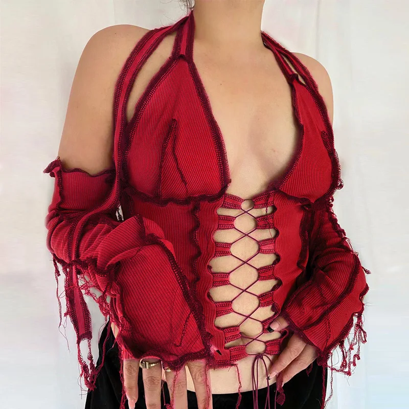 

Women Long Sleeve Hollow Out Lace Up T Shirts Patchwork Sexy Bodycon Crop Top Backless Halter Ribbed Tie Front Top