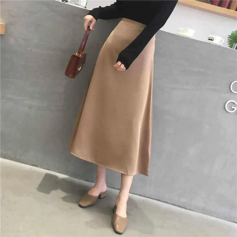 khaki Корейские летние женские длинные юбки с высокой талией атласная юбка женская уличная одежда большого размера миди трапециевидная юбка jupe femme - Цвет: khaki