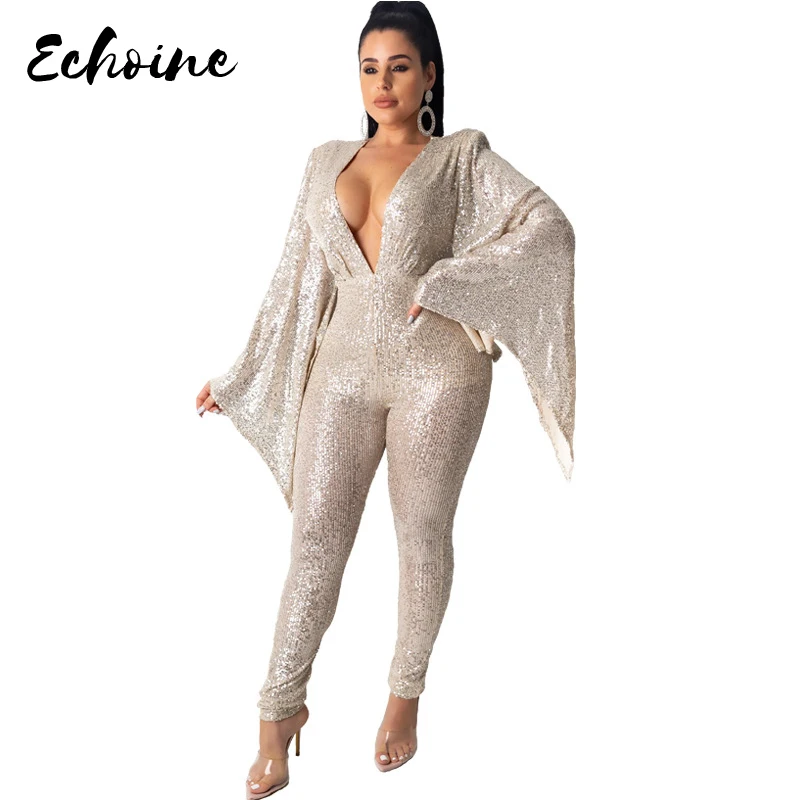 

Sexy Deep V-neck Full Sleeve Sequined Rompers Women Jumpsuits Autumn Bodycon Glitter Club Party Outfits Skinny Playsuits S-XXL