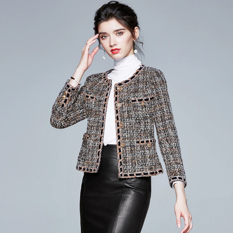 

Round Neck Lattice Pockets Long Sleeve Slim Jackets socialite classic tweed jacket Woolen Coat Women Clothing Jacket 882A