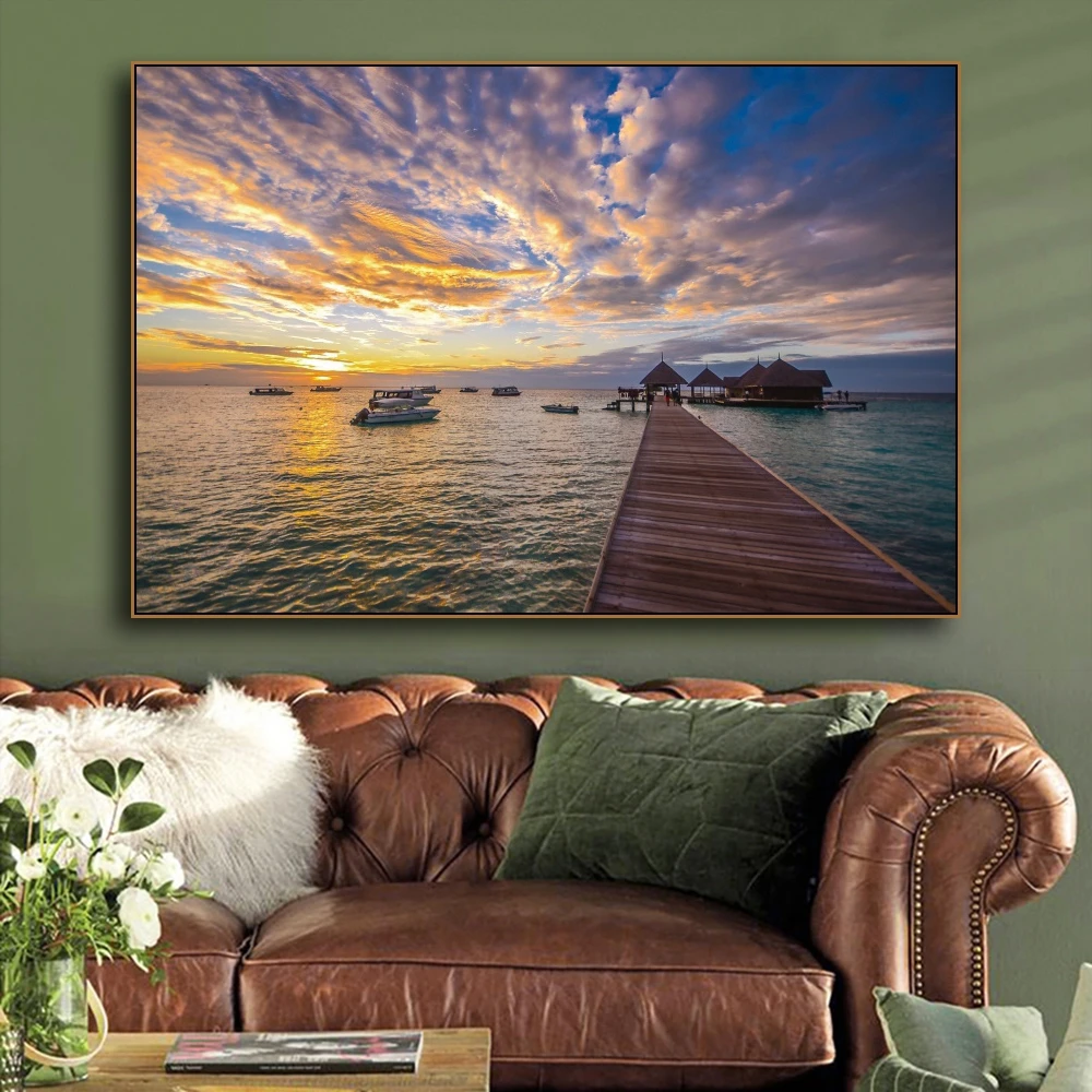 

Coast and Bridge Scenery Canvas Painting Modern Prints Art Posters Prints Scenery Art Wall Pictures Living Room Bedroom Unframed