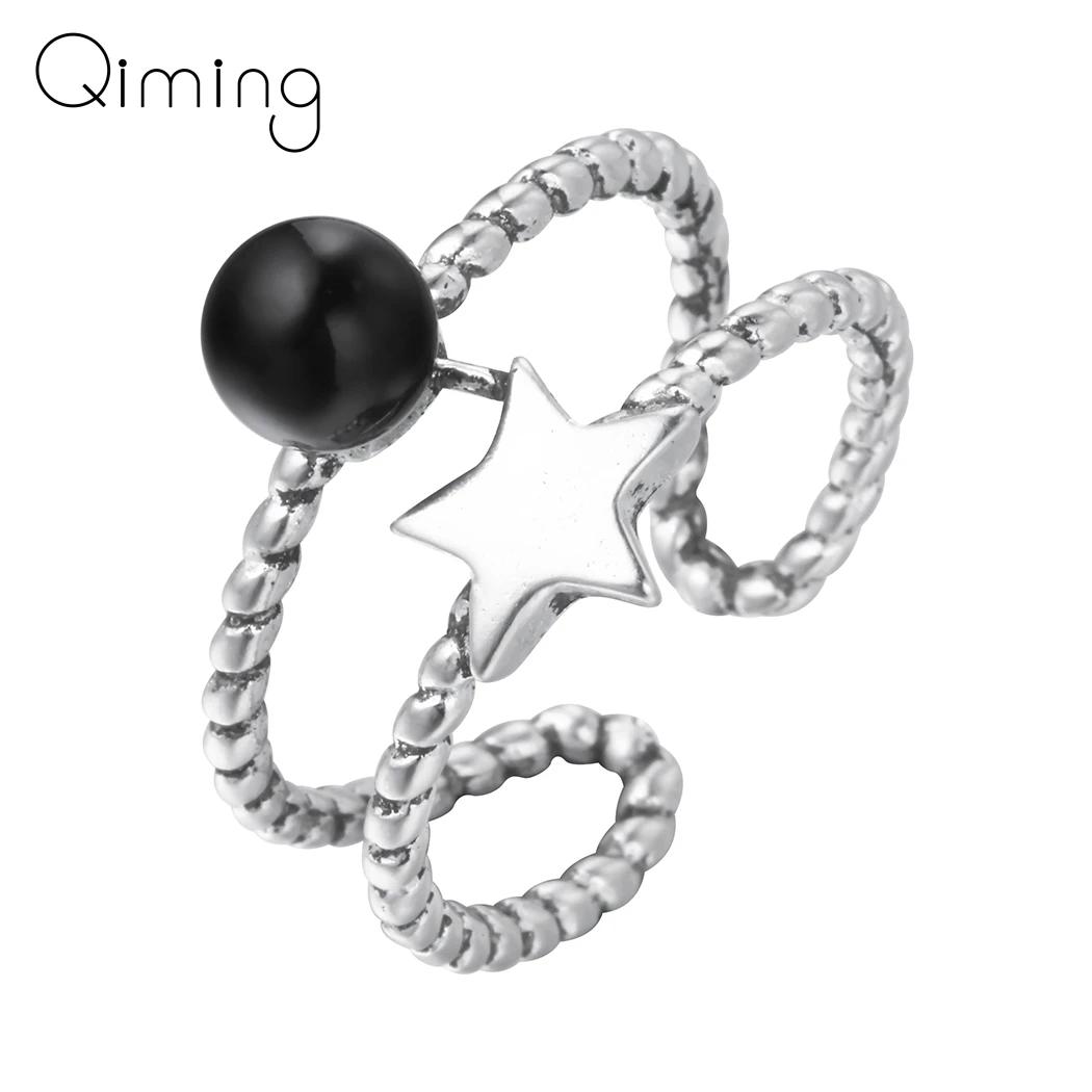 Две линии черный шар бусины Регулируемые кольца для женщин с принтом маленькая