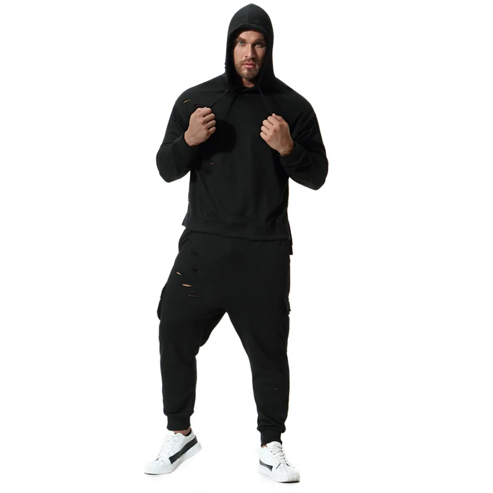 

Autumn men fashion hip hop punk hoodie casual joggers pants with hole two piece set men personality tracksuit moletom masculino
