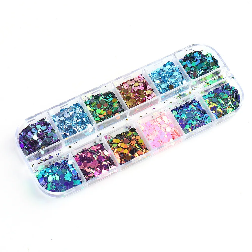 

Bottled/Boxed Laser Irregular Hexagonal Chameleon Nail Art Glitter Sequin Set Holographic Charm Nail Sequin Mixed Sequin Design