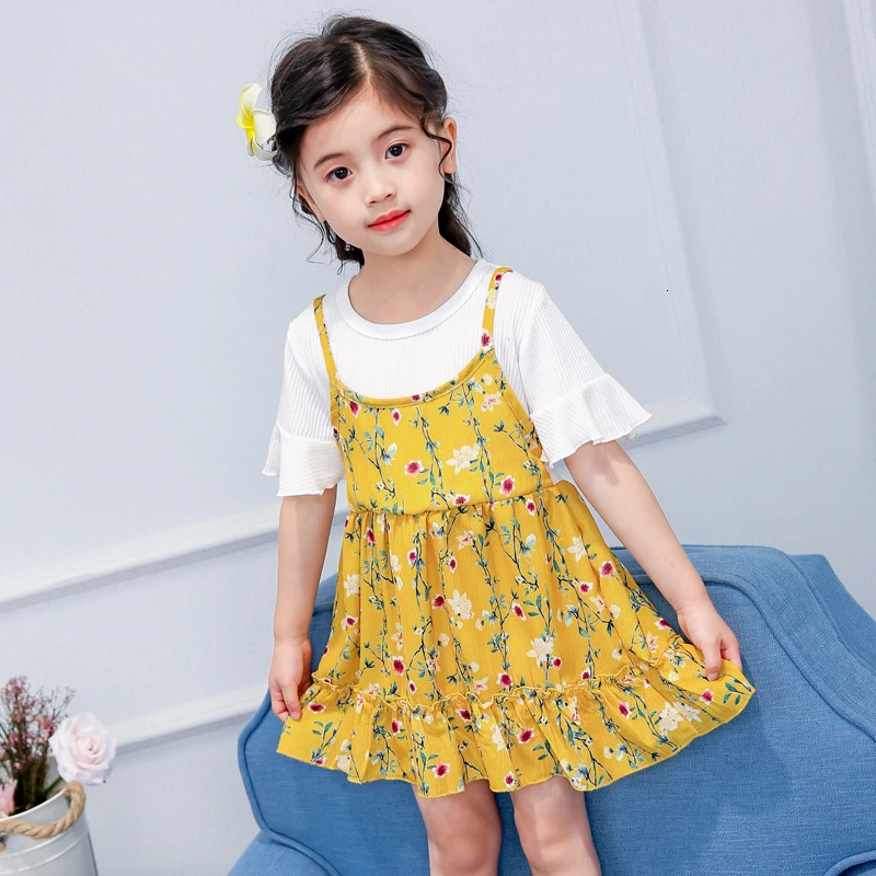 Детское плиссированное платье принцессы с короткими рукавами круглым вырезом и