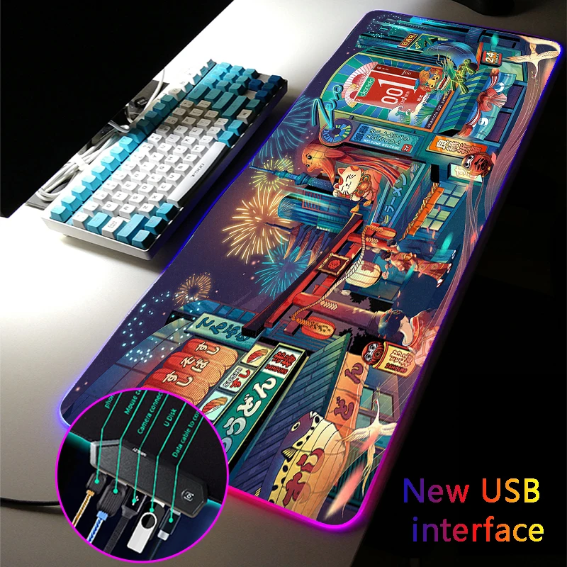 

MRGLZY RGB Gaming Mouse Pad LED 4-Port Anime Japanese-style Mousepad Large USB Hub Rugs Mats Games Computer PC Desk Mat for Csgo