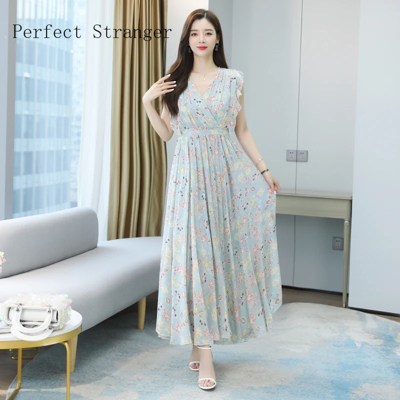

High Quality 2021 Summer Dress For Women V Collar Floral Printed Sleeveless Women Chiffon Long Dress Plus Size