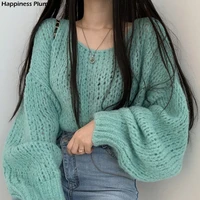 loose female pullovers solid jumper knitted casual women sweater lantern sleeve hollow out pullover solid basic knitwear