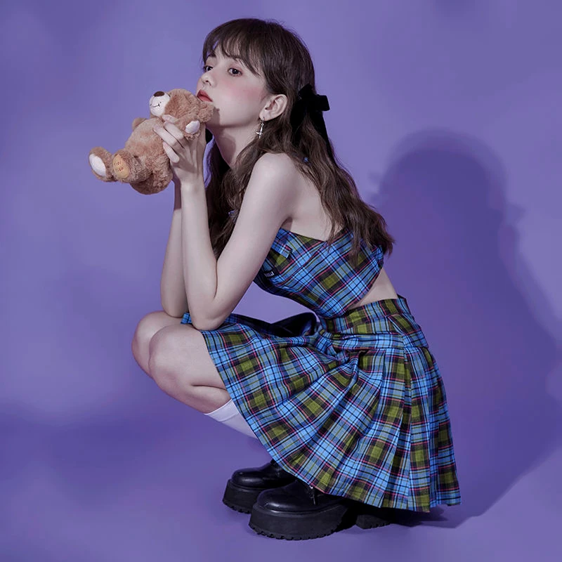 

Women Sets Off Shoulder Sweet Bow V-neck Crop Tops Pleated Plaid Mini Skirts Girls Korean Stylish Streetwear Retro Summer Casual