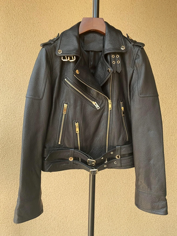 

Spring Autumn European High Quality Foam Cool Zipper Motorcycle Sheepskin Leather Jacket