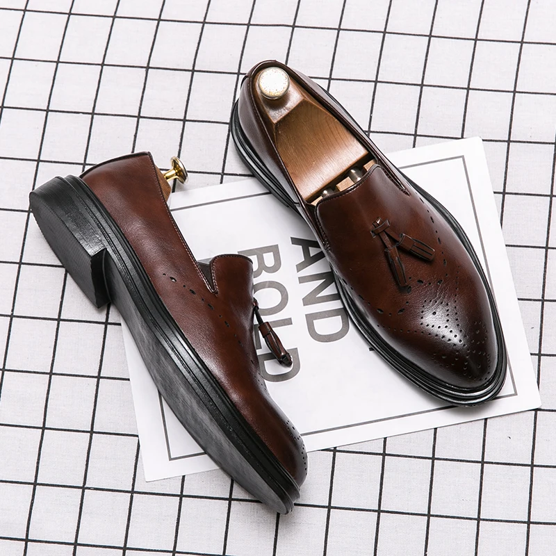 Men Black Dress Loafers Brand Casual Slip on Oxford Male Tassel Gentleman Business Shoes British Style Prom Evening Long Dresses | Обувь