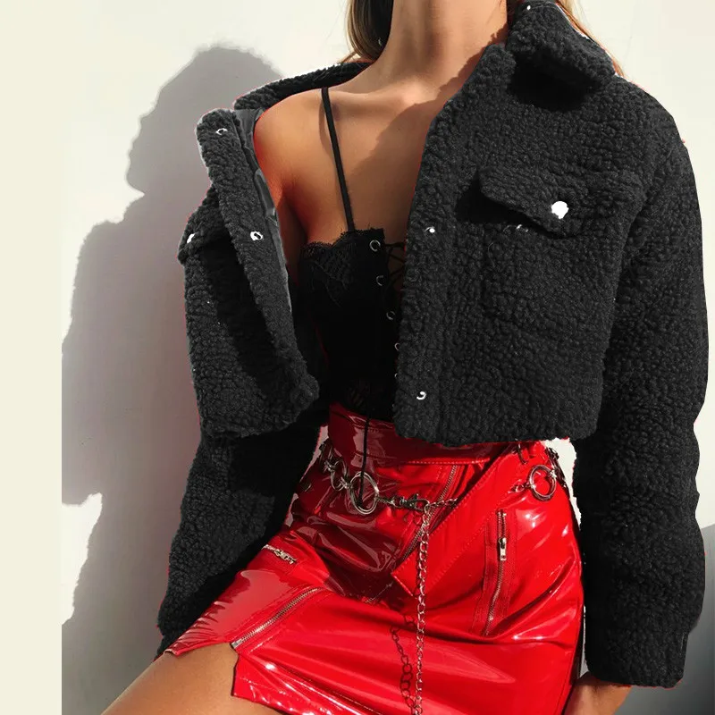 

Aproms Fashion Black Pockets Buttons Jackets Women Long Sleeve Slim Crop Top Winter Coat Cool Girls Streetwear Short Jacket 2021