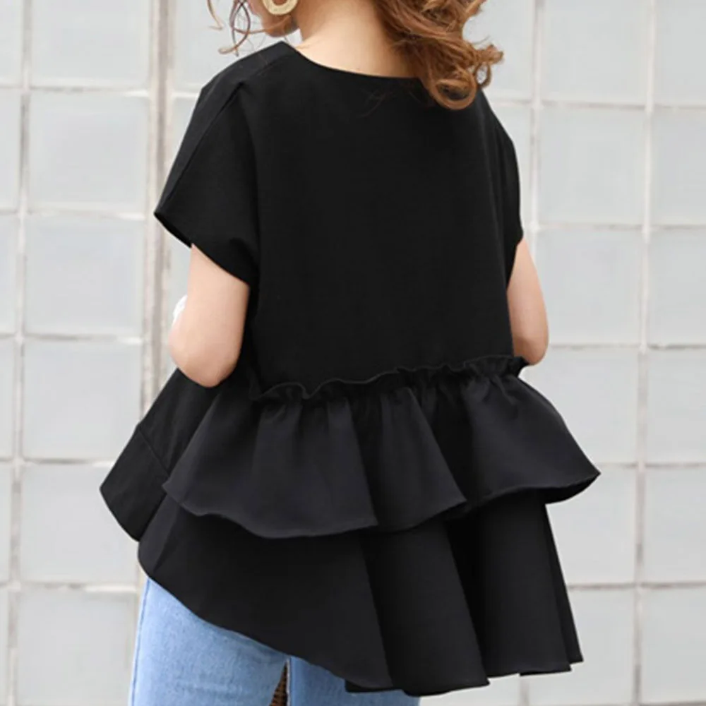 

T-Shirt Summer 2021 New Japanese Loose Wild Round Neck Design Sense Niche Ruffled Short-sleeved Tops Women Fashion Casual