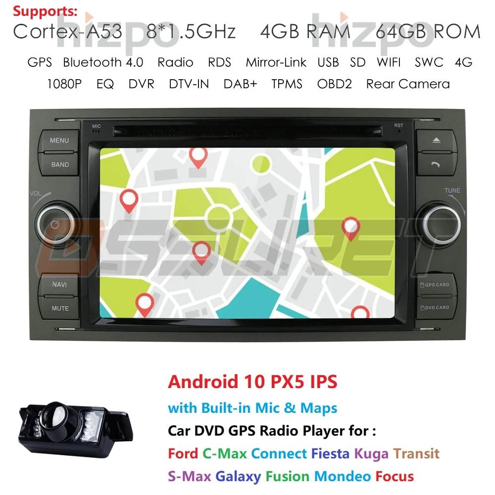 Günstig 4G 64G IPS 2 Din Android 10 Auto Radio Multimedia Für Ford Focus 2 3 Mk2 Mondeo 4 Kuga Fiesta Transit Connect S-MAX C-MAX 8-Core