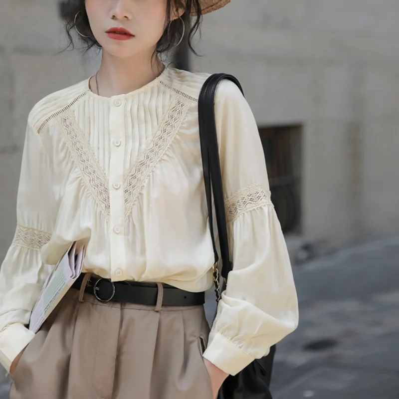 

Винтажная французская Элегантная блузка, осень 2021, повседневная женская блузка в стиле ретро, кружевная корейская модная одежда с длинным р...